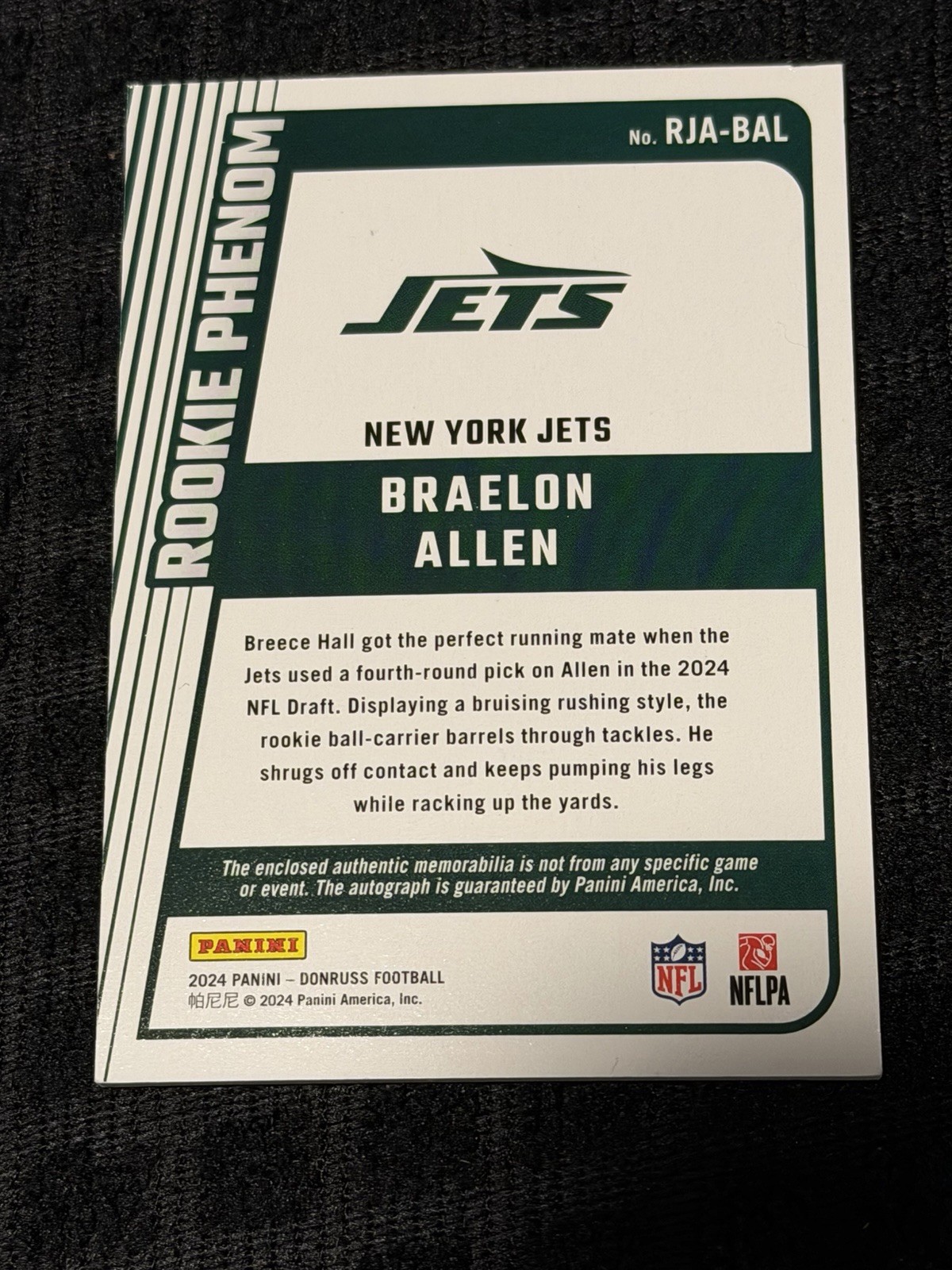 2024 Donruss Football Braelon Allen NFL Players Association Auto 1/1 view 2