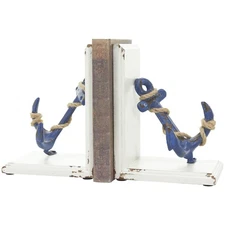Wood Anchor Decorative Bookends Distressed Non Skid Bookends with Rope Accent...