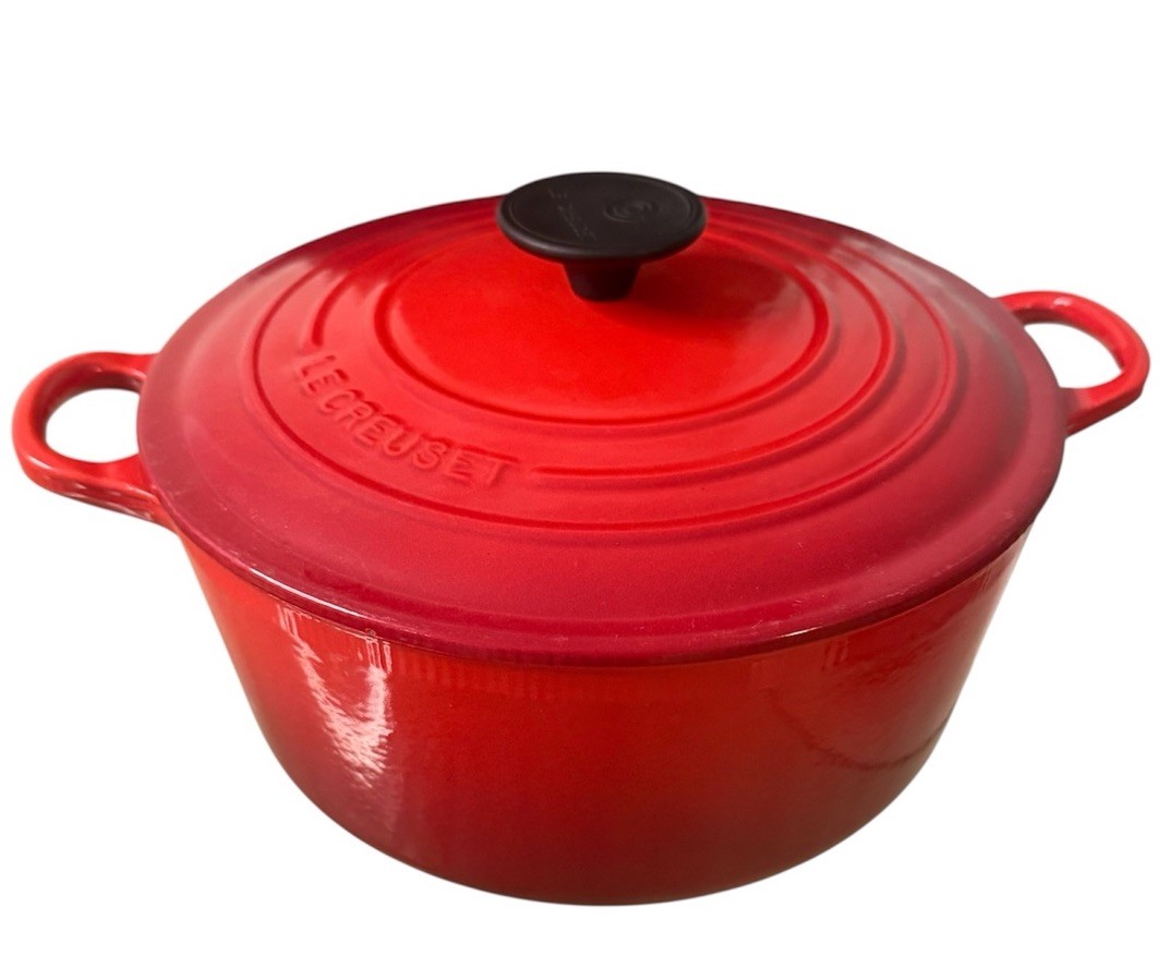 LE CREUSET #24 Cherry Red Enameled Cast Iron Dutch Oven w/Lid