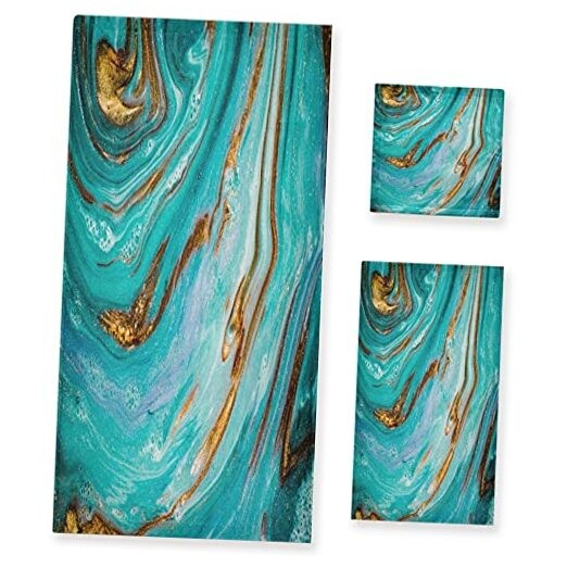 Luxury Teal & Gold Marble Towel Set - 3-Piece Bath Towel, Hand Towel, Washcloth-image
