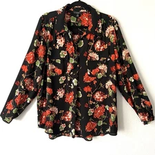 INVESTMENTS Woman Plus 1X Black Floral Button Up Tunic Shirt Non Crease Flowy