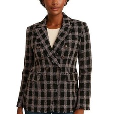 FATE Tweed Check Double Breasted Blazer M Black Pink Gold Old Money Preppy