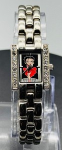 Betty Boop Rectangle Tank Watch Silver Tone Rhinestone Bezel Vintage Collector