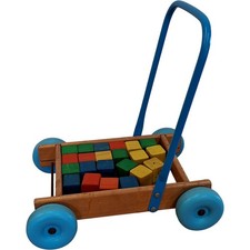 Vintage Wooden Baby Walker with Colourful Wooden Blocks