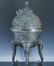 IMPRESSIVE LARGE ANTIQUE CHINESE BRONZE ELEPHANT FIGURAL LIDDED CENSER VASE