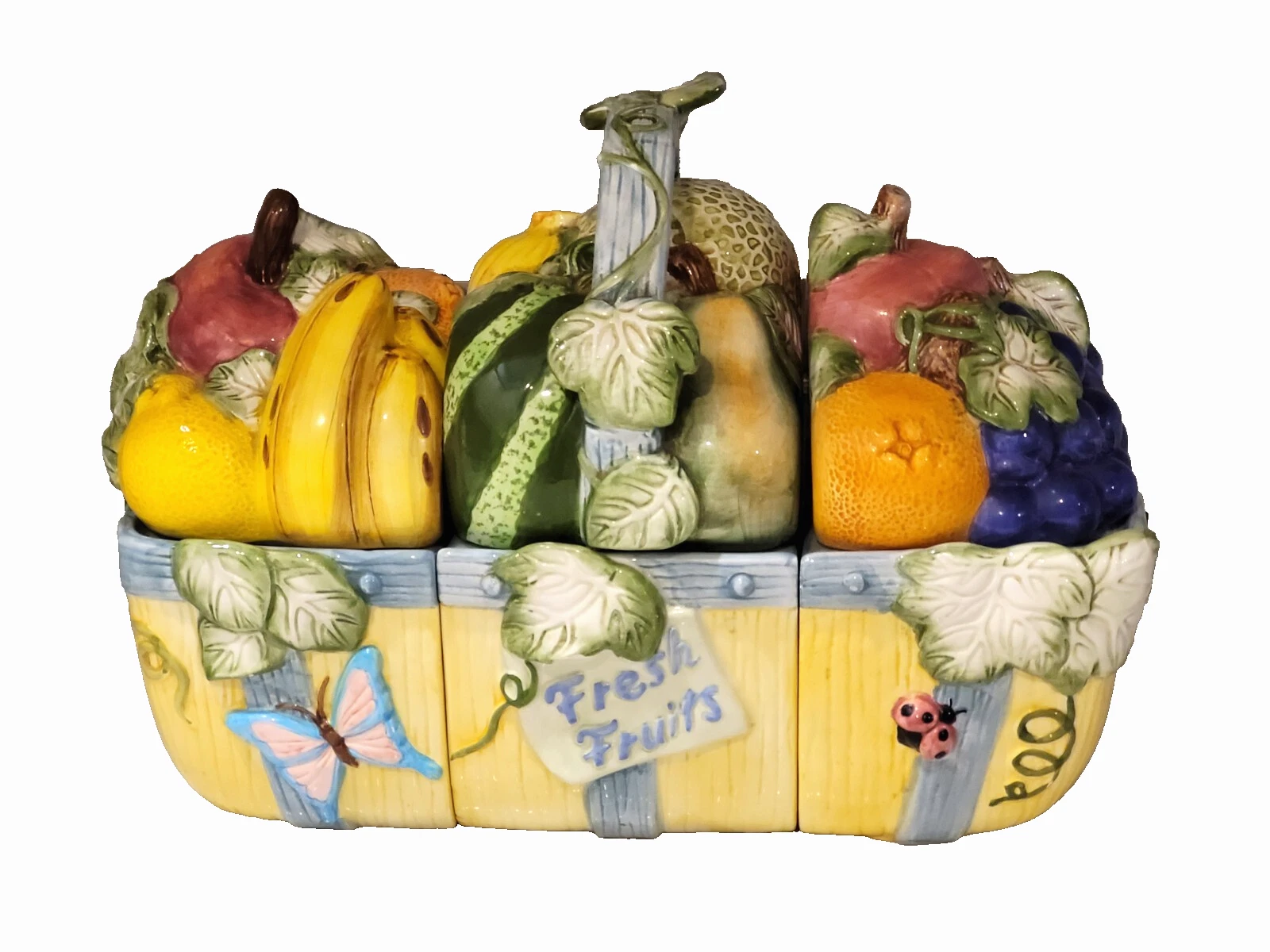 RARE Jay Imports FRESH FRUIT BASKET Butterfly Ladybug Canister Set 6 Pc
