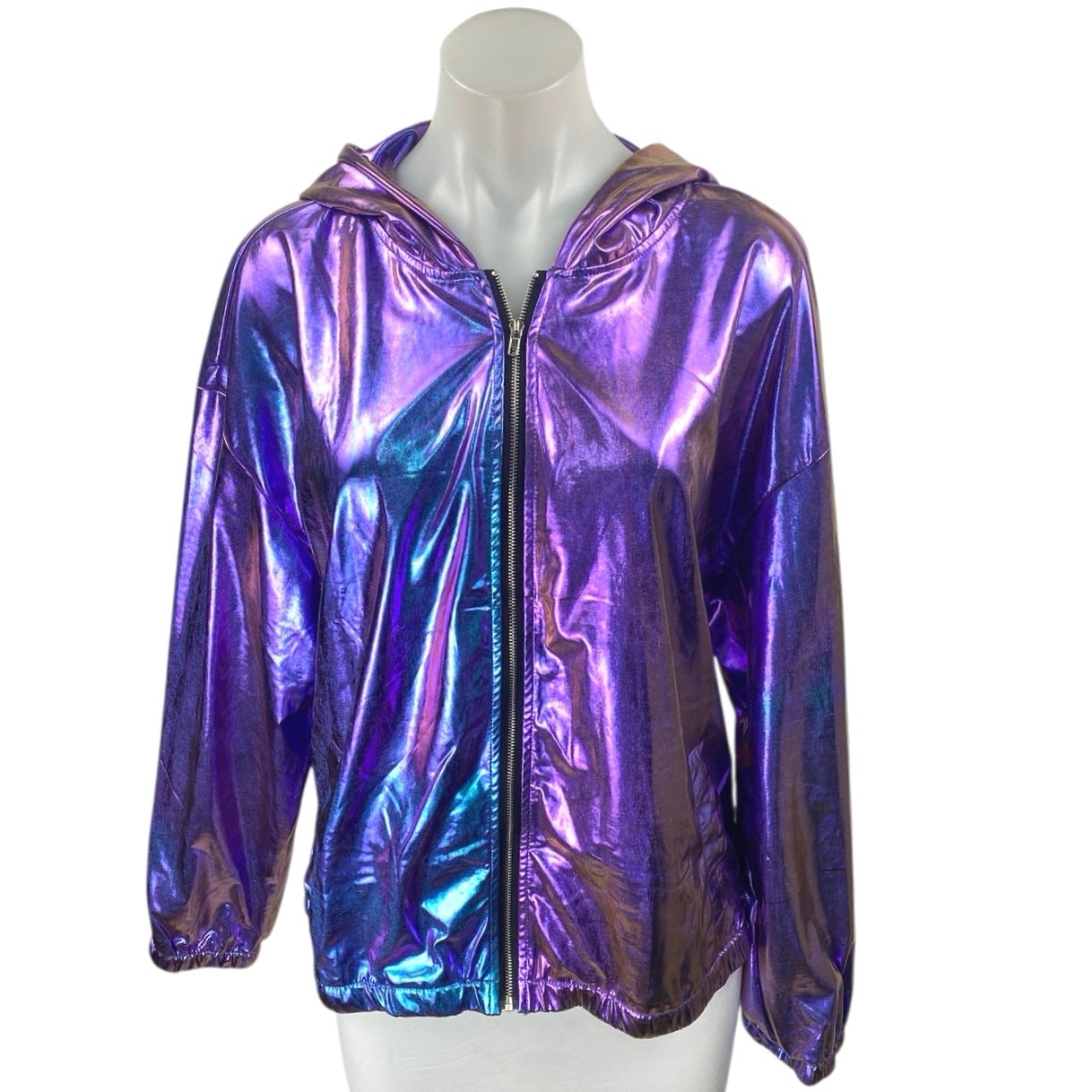 Allegra K Metallic Holographic Zip Up Hooded Jacket in Purple Blue Size L