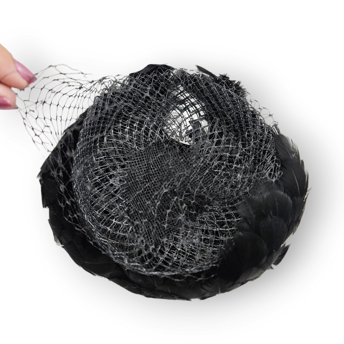 1950s‎ Whimsy Feather/Netting Hat Vintage 1940s black straw hat with taffeta ribbon, wired  main image 3