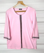 BASLER Pink Cotton Top Tee 3/4 Sleeve Contrast Black Lace Details size US 10