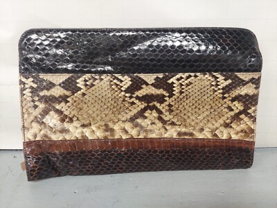 Vintage 80s Lou-Ran Original Snakeskin Clutch Purse Handbag Brown Brass Hardware