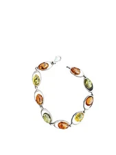 Amber Linked Ovals Orange,Yellow, And  Black Colors Sterling Silver Bracelet