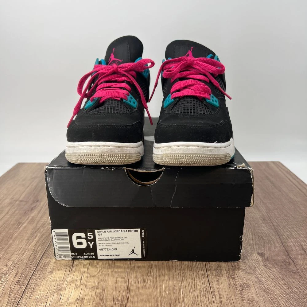 Scarpe Nike Air Jordan 4 retrò da ragazza nere rosa vivo verde acqua lacci extra taglia 6 5 anni