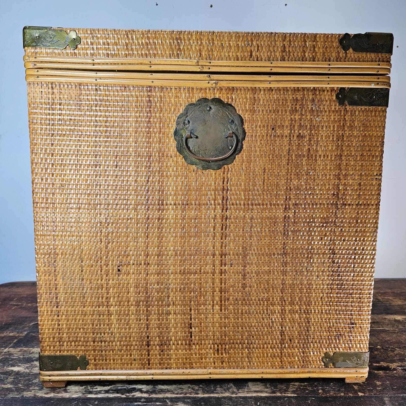 Vintage Wicker & Brass Chinoiserie Chest Trunk From Hong Kong 20"L x 20"W x 21"H