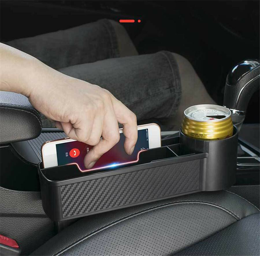 Multifunctional Black Carbon Fiber Style Car Storage Box – Cup Holder & Organizer, Front Seat Fit