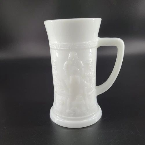 Vintage Federal White Milk Glass Beer Stein/ Mug with Embossed Bar Pub Scene 
