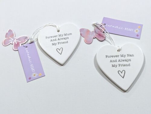 Glossy White CERAMIC HANGING HEART Forever My MUM / NAN Always My Friend GIFT - Picture 1 of 11