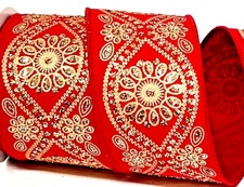 Christmas 2.5" by 2 yds Red Wired Ribbon Sparkling Metallic Gold Jewel Look NEW