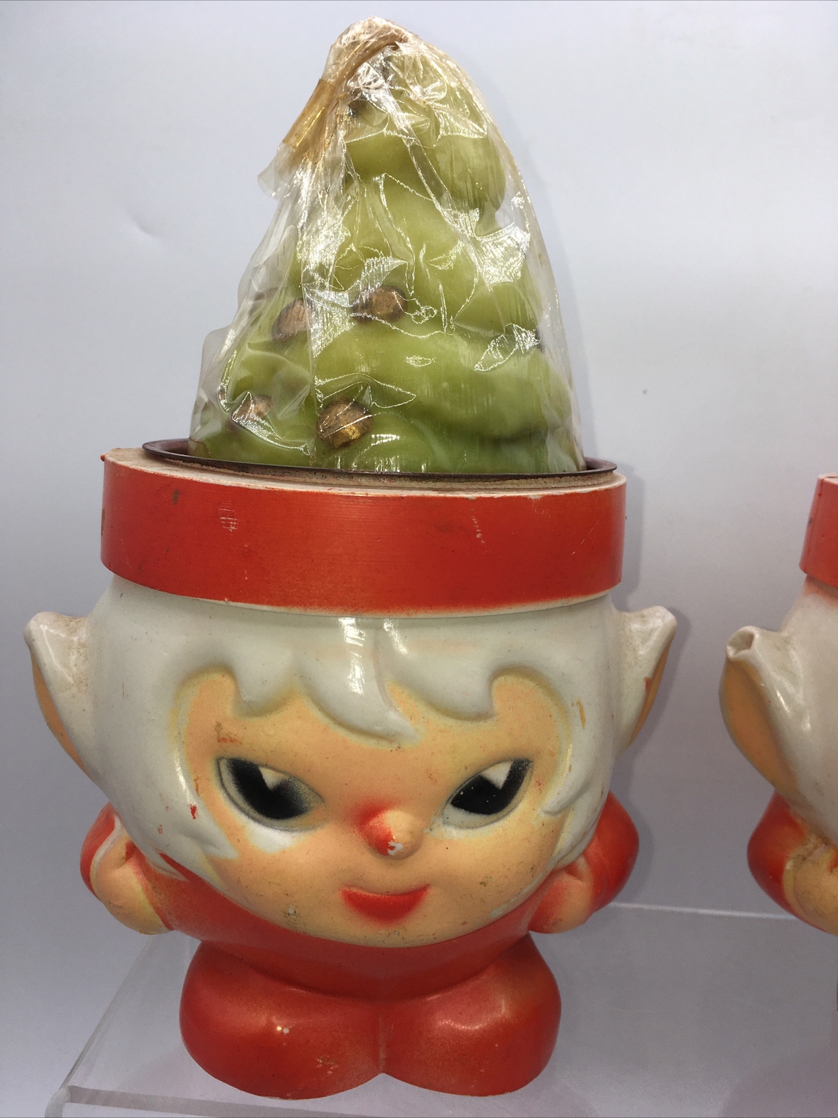 Vtg Kitschy Christmas Tree Elf Candle Holder Plastic Metal 7.5x4.5” Hong Kong