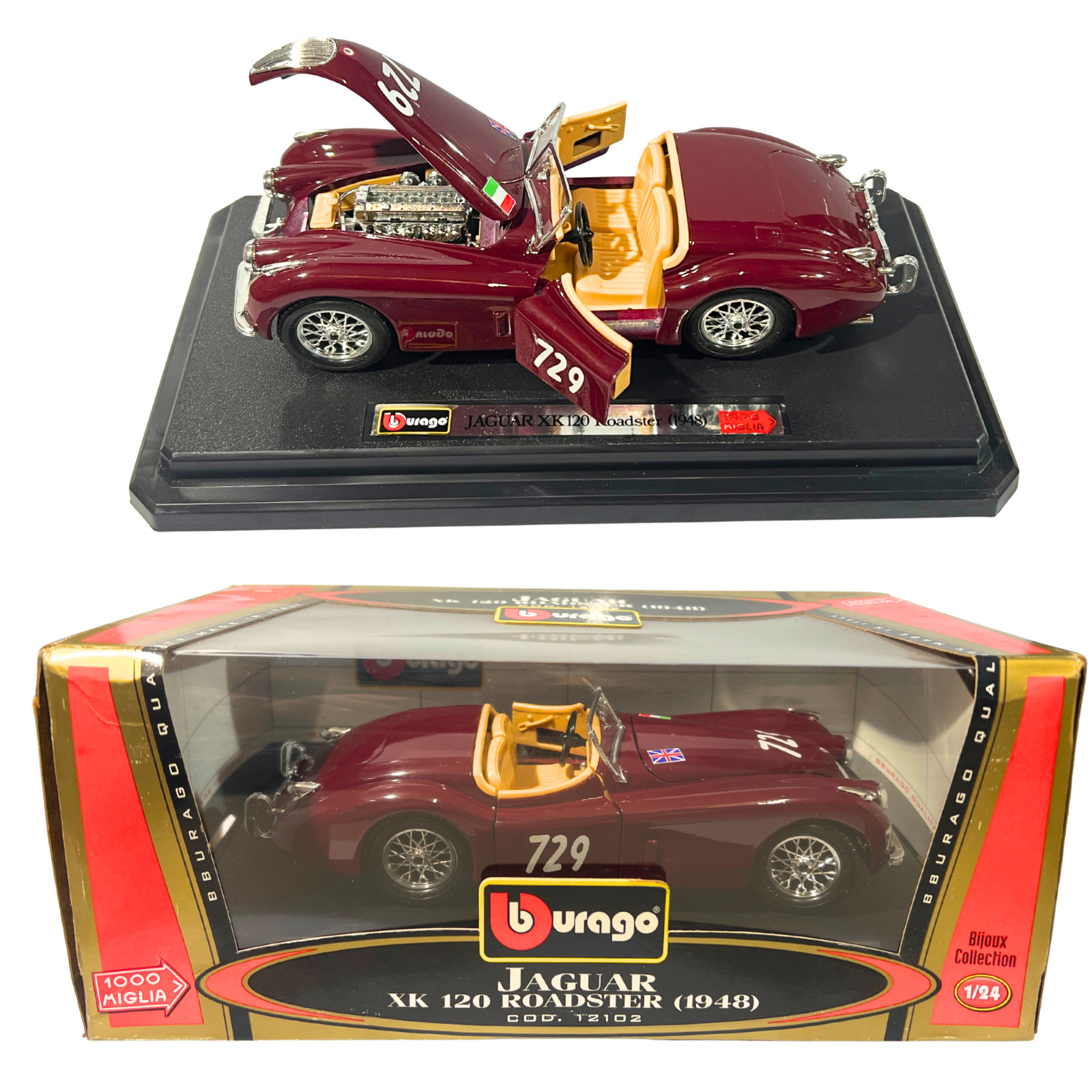 Bburago 1/24 Scale Jaguar XK120 Roadster 1948 1000 Miglia Bijoux Collection NEW