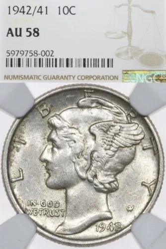 1942/41-P 10C NGC AU 58 Mercury Silver Dime - Overdate Error