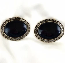 Vintage Oval Black Gold Tone Filigree Shoe/Scarf Clips Buckles - 2” x 1  1/2”