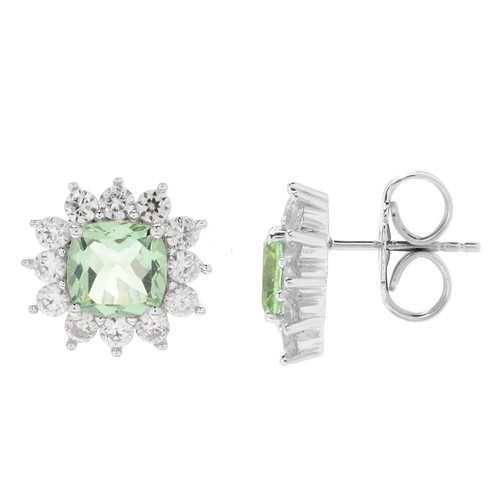 7.00Ct Cushion Cut Natural Prasiolite 14k White Gold Plated Halo Stud Earrings - Picture 2 of 6