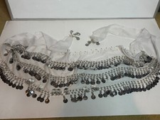 White Belly Dance Hip Skirt Chiffon Scarf Wrap Belt 3 Rows Silver Metal Coins