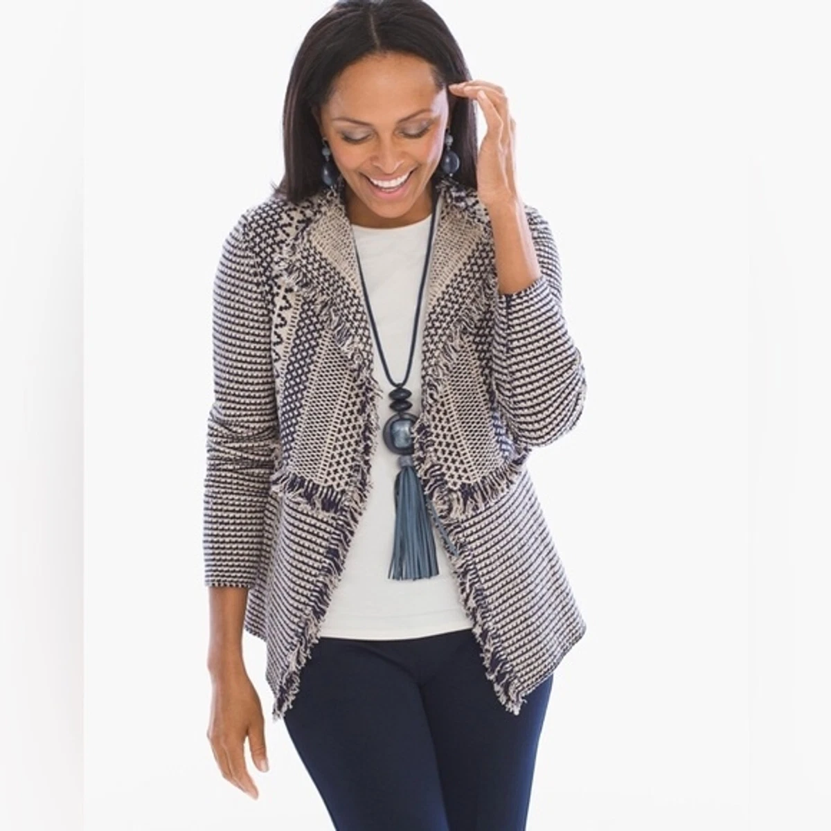 Chicos Lucy Cardigan Medium (1) Textured Fringe Sweater Navy and Cream |  eBay