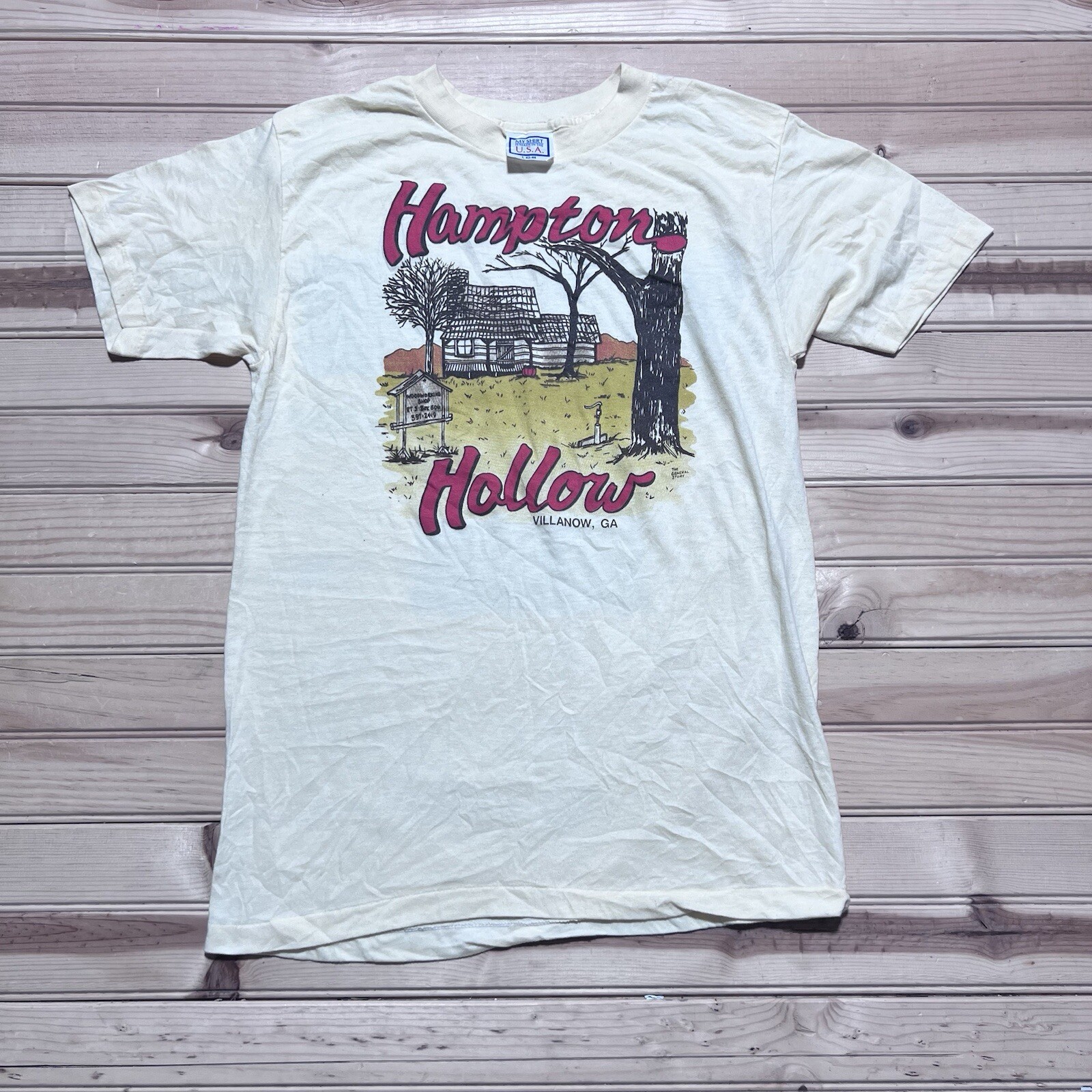 Vintage 80s Hampton Hollow Woodworking Art Store Shirt Size Large Villanow GA