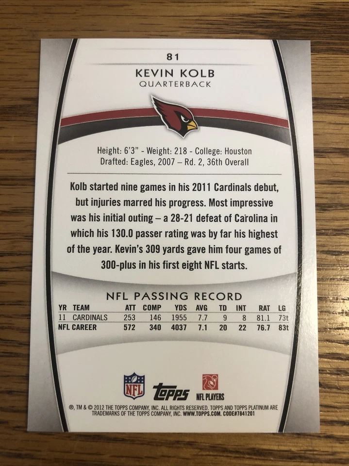 Kevin Kolb 2012 Topps Platinum Red Ruby Cardinals #81 *A180* - Image 2 of 2