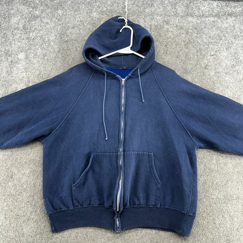 VINTAGE Sun Faded Hoodie Mens XL? Blue Soft Boxy Grunge Cotton Full Zip 70s - Picture 3 of 10