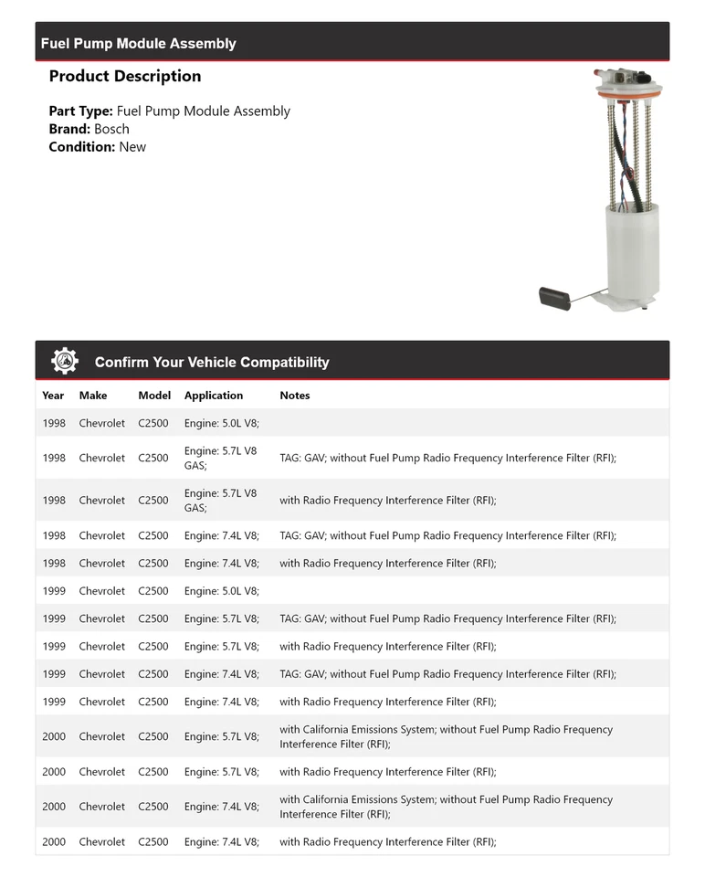 Модуль топливного насоса в сборе 1999 для Chevrolet C2500 Bosch 1998-2000 годов выпуска - Изображение 2 из 4