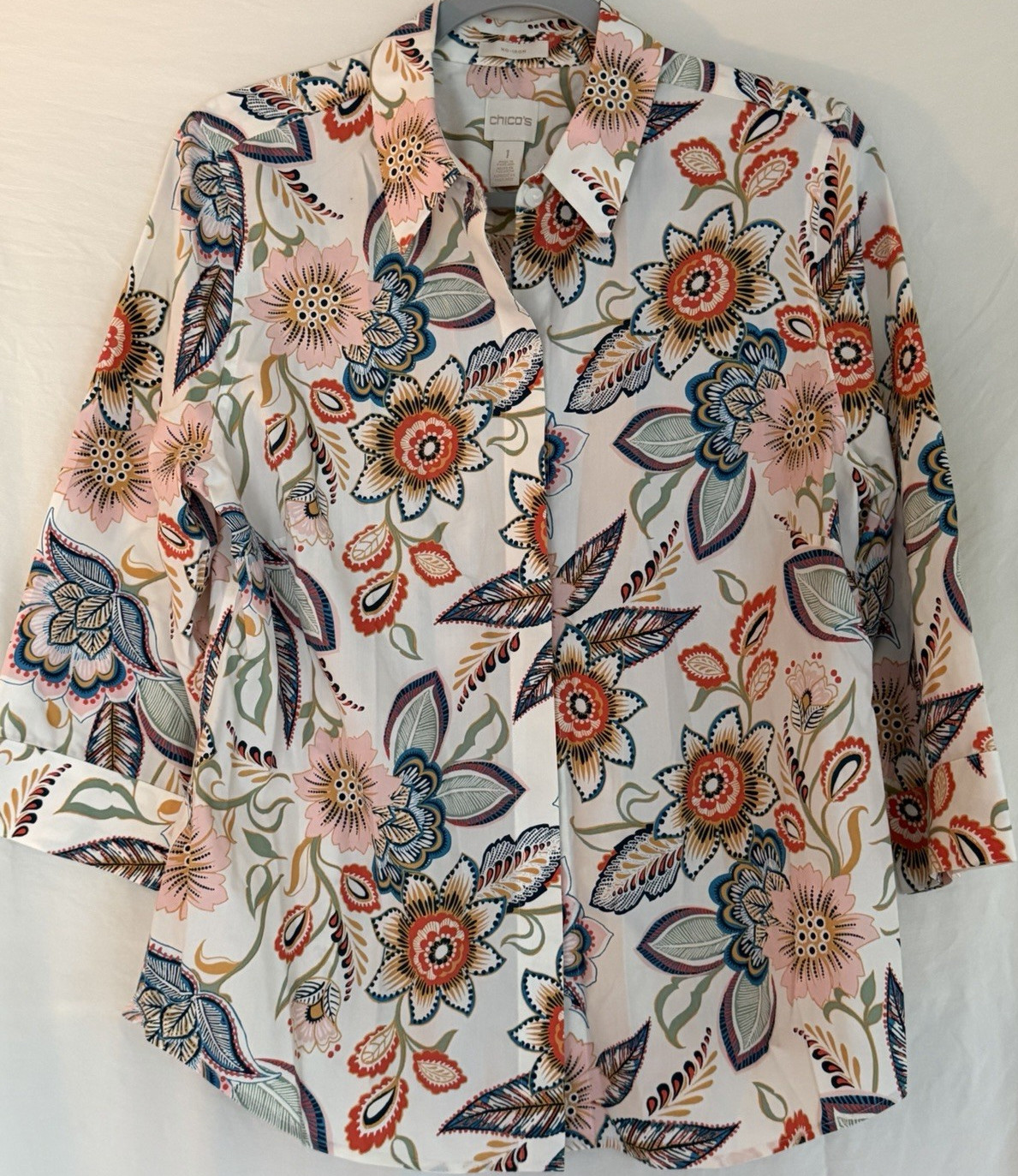 Chico's Floral Shirt Collared Button-Up Non-Iron 3/4 Sleeve Size 1