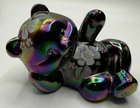 Vtg Fenton Plum Irridescent  Carnival Glass Bear - Hand Painted & Signed