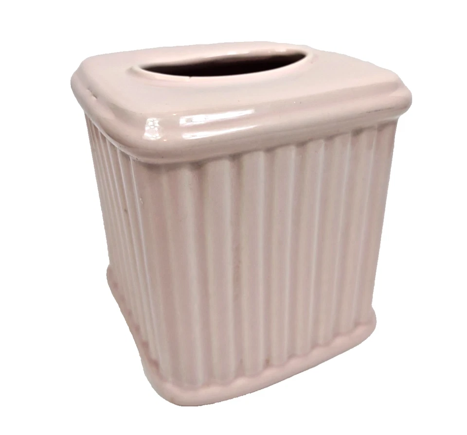 Cubierta de caja de pañuelos de cerámica acanalada rosa vintage años 90 Art Deco cuadrada pesada Foto 4 de 4