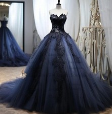 Gothic Black and Blue Wedding Dresses Sweetheart A Line Tulle Bridal Gowns
