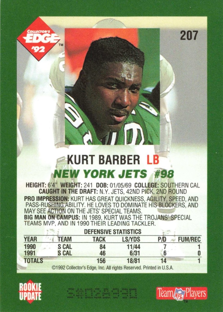 Kurt Barber New York Jets 1992 Collector's Edge RC Rookie
