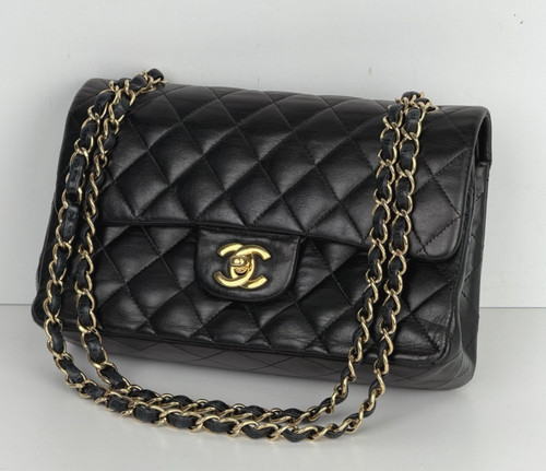 CHANEL Shoulder Bag Double Flap Small Black Quilted Leather 2009-2010 U2