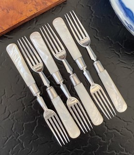Rare Set 6 English Sterling Silver Mother Pearl Dessert Luncheon Tea Fork c1908