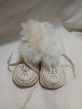 White Fur Lined beaded leather baby moccasins