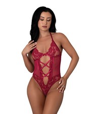 Teddy Bodysuit Red Fishnet One Piece Nylon Spandex Black Cherry Halter Teddy Red
