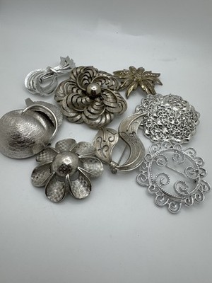 Vintage Silver Tone Brooch Lot 8pc Floral Filigree Apple Mixed Styles