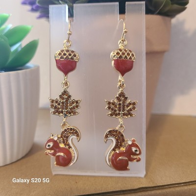 Squirrel Acorn Maple Leaf Dangle Earrings Fall Autumn Jewelry Women Gold Tone