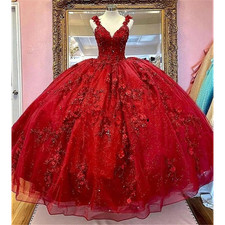 Burgundy Spaghetti Strap 3D Flower Applique Glitter Tulle Quinceanera Dresses