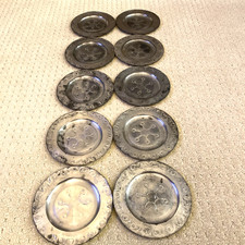 Set of 10 Vintage Pressed Tin Plates  handmade in Mexico,  7  5/8" in diameter