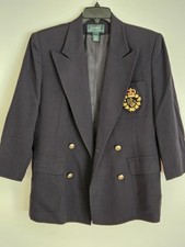 Vtg RALPH LAUREN Crest Bullion LRL Patch Double Breasted Navy Blazer Size 8-10