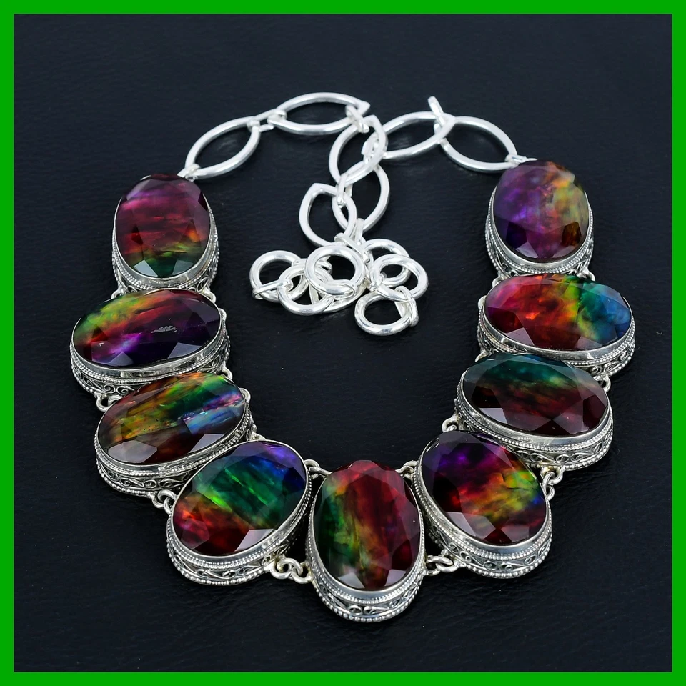 Venta de Halloween Ammolita Piedras Preciosas Cadena Plata Esterlina Collar Joyería De Colección Foto 2 de 4