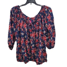 Pure Energy Woman's Y2K Navy Red Floral Keyhole Neck Boho Peasant Top Plus Sz 2