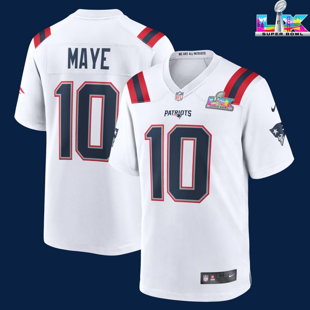 Nike Drake Maye Super Bowl LX Patch Game Jersey White New England Patriots