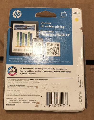 HP 940XL Original Yellow Ink Cartridge Exp 02/2020 New Sealed - Picture 2 of 3